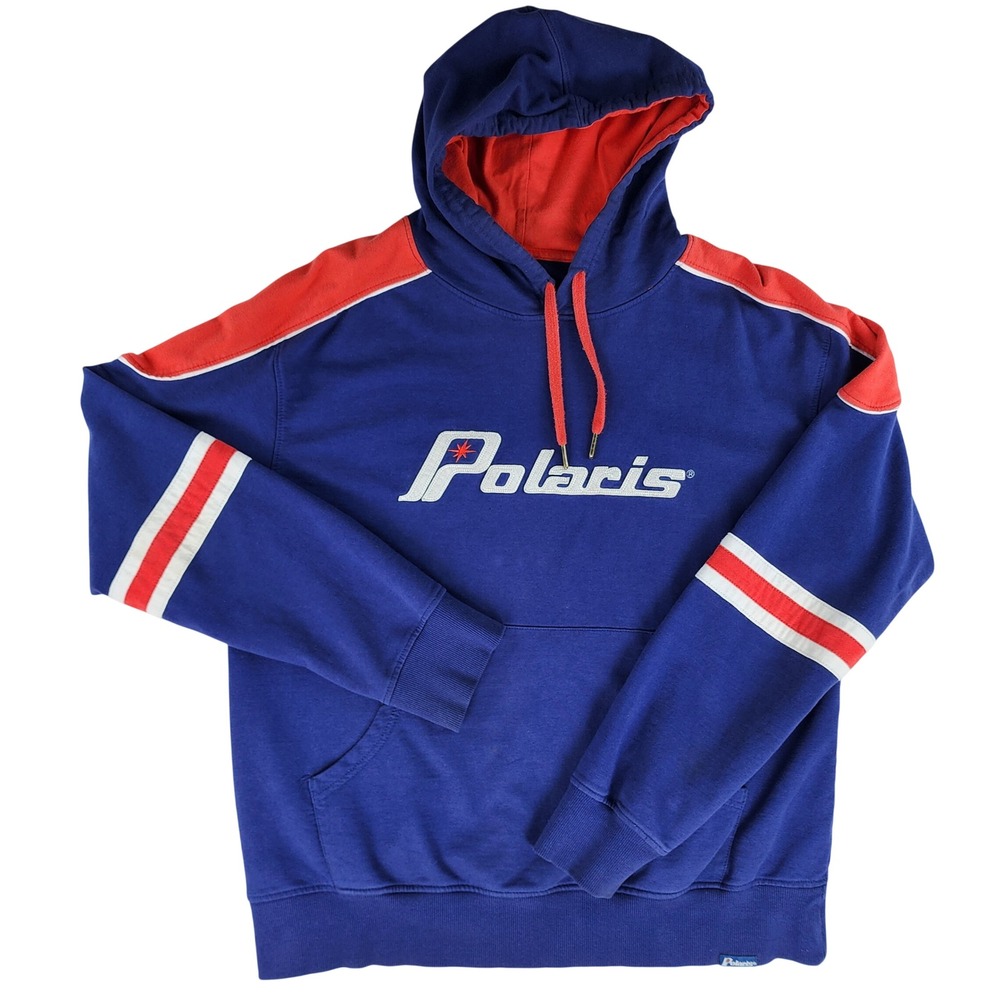 Vintage Polaris Hoodie Mens L Blue Red Color Block Snowmobile Racing Logo - Picture 2 of 9